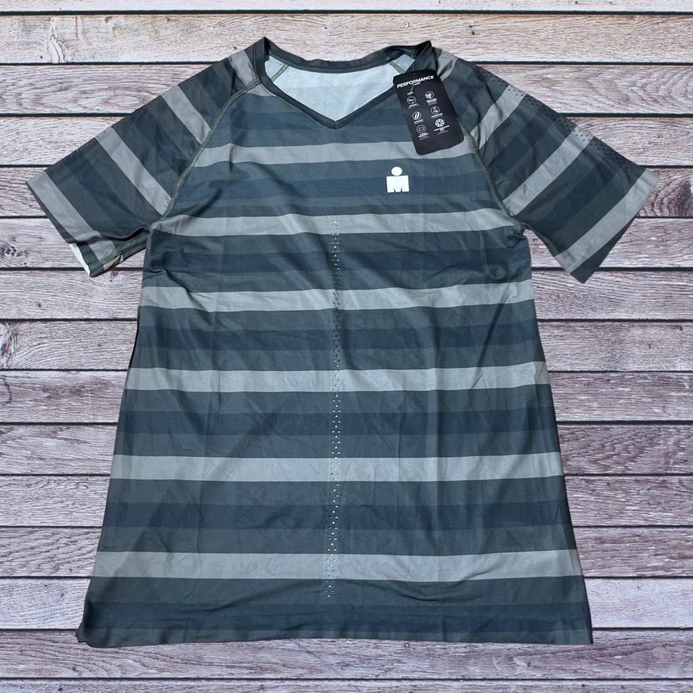 Ironman Triathlon Performance Shirt Womans Vneck Short Sleeve Striped Size XL